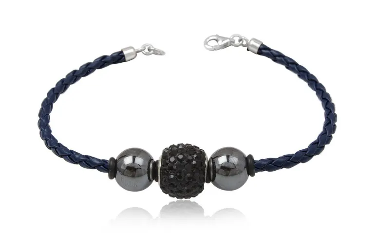 Flettet læderarmbånd / Sort krystal