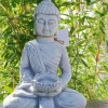 Gautama Buddha figur i hvid patineret beton med lysholder - 30cm