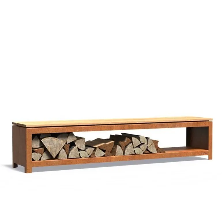 Havebænk i corten stål med brændeskjul og Hardwood sæde - 120cm + 200cm