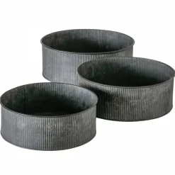 Lave runde metal plantepotter i zink look med ribber - Sæt