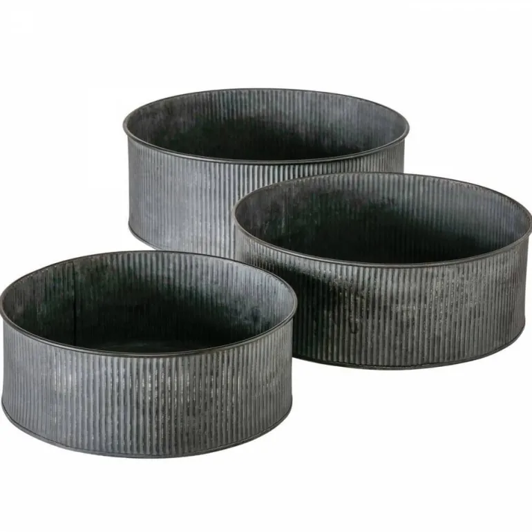 Lave runde metal plantepotter i zink look med ribber - Sæt