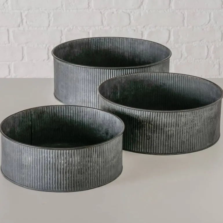 Lave runde metal plantepotter i zink look med ribber - Sæt