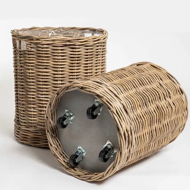 Runde høje rattan krukker med hjul - Ø.43cm + Ø.50cm